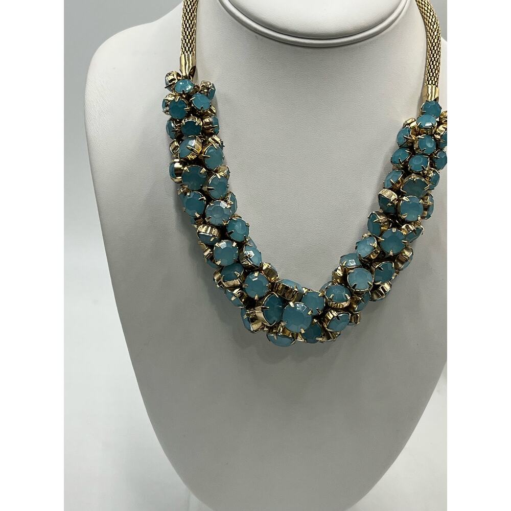 Gold Tone Rope Chain Prong Set Faceted Blue‎ Rhinestone Necklace - Picture 3 of 9